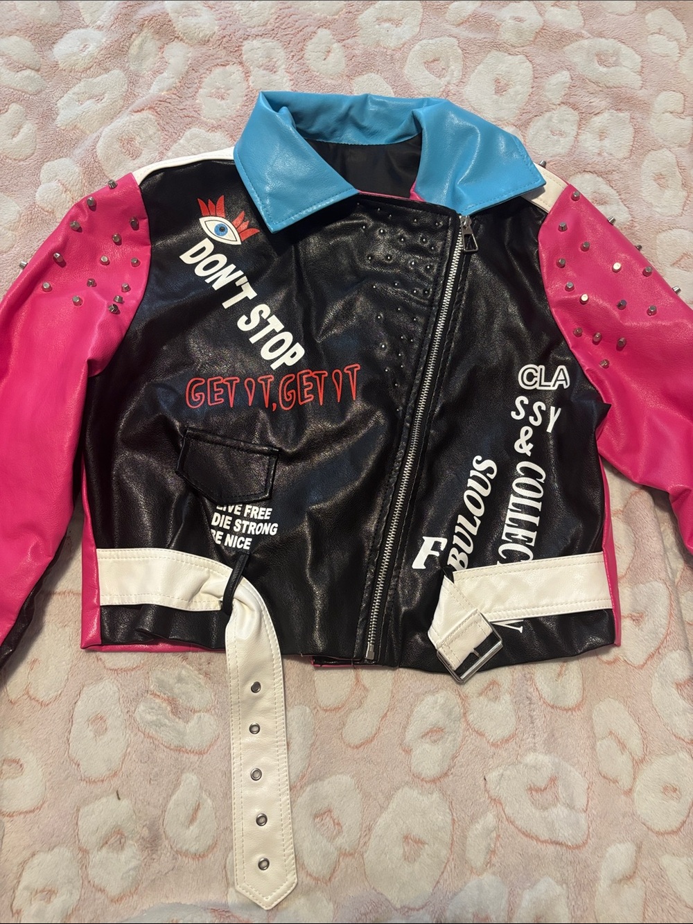 Pink & Black Studded Faux Leather Jacket with Blue Collar - Picture 2 of 3